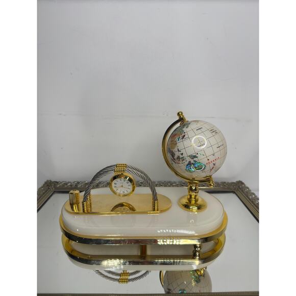 Vintage Semi-Precious Gemstone Globe with Clock Business Card & Pen Holder, Desk - Picture 2 of 10